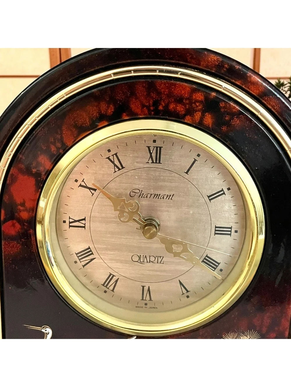 Vintage Charmant Quartz Clock Japan Flying Cranes Gold Lacquer Style